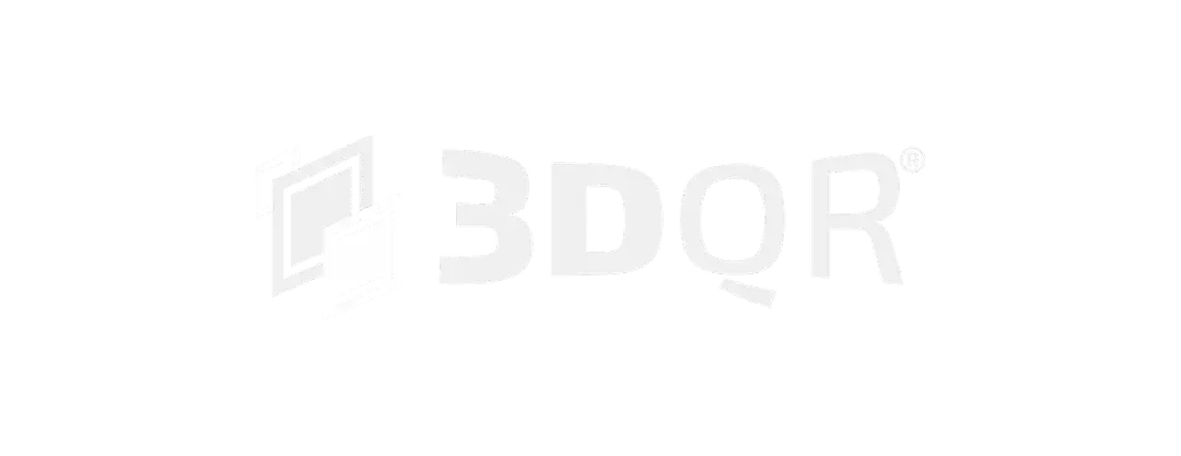 Logo der Marke 3DQR: links ein Symbol aus zwei überlappenden, stilisierten Rechtecken, rechts der Schriftzug ‚3DQR®‘ in weißen Großbuchstaben
