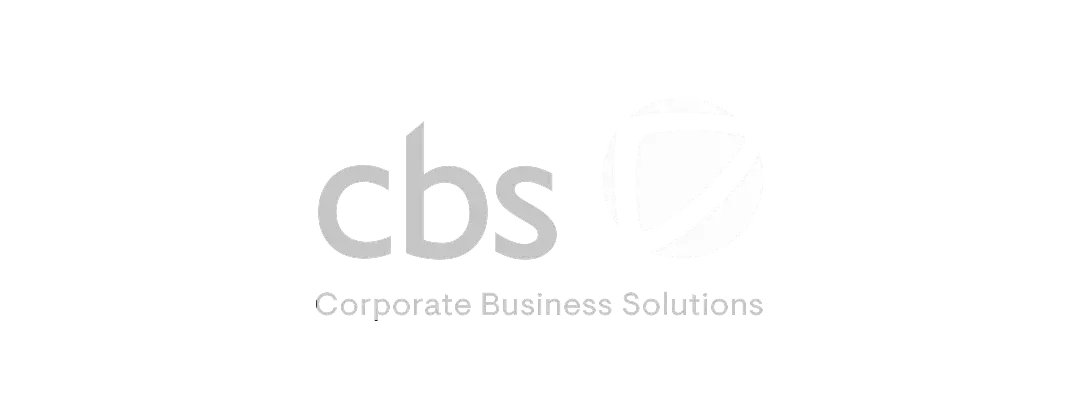 Logo von cbs – Corporate Business Solutions: links der Schriftzug ‚cbs‘ in Kleinbuchstaben, rechts ein kreisförmiges, abstraktes Symbol, darunter die Unterzeile ‚Corporate Business Solutions‘, alles in hellen Tönen auf schwarzem Hintergrund.