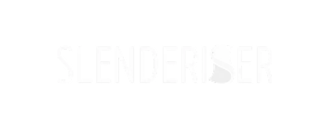 Logo der Marke Slenderiser: der Schriftzug ‚SLENDERISER‘ in weißen Großbuchstaben, wobei der Buchstabe ‚S‘ stilisiert und organisch geformt ist, auf schwarzem Hintergrund.
